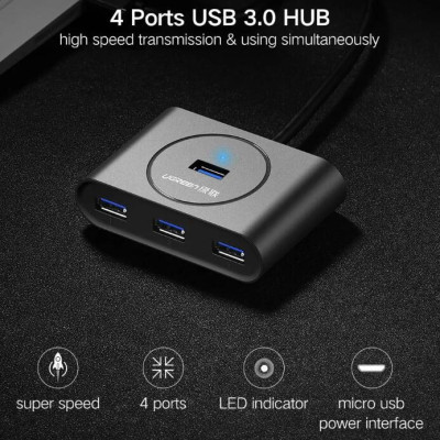 Ugreen UG20290CR113TK 50CM màu Đen Bộ chia HUB USB 3.0 sang 4 USB 3.0 hỗ trợ nguồn 5V - HÀNG CHÍNH HÃNG