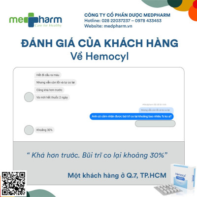 Hemocyl-TPBVSK: Giải pháp đột phá trong quản lý bệnh trĩ mà không cần phẫu thuật-Hỗ trợ cải thiện triệu chứng: đau rát, ngứa, chảy máu khi đi ngoài do trĩ. Ức chế sự phát triển vi sinh vật giúp hỗ trợ cải thiện nguy cơ nhiễm trùng thứ phát tại búi trĩ.