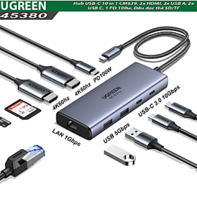 Hub USB-C 10 in 1 Ugreen 45380 CM639, 2x HDMI, 2x USB A, 2x USB C, 1 PD 100w +  Đầu đọc thẻ SD/TF - Hàng chính hãng