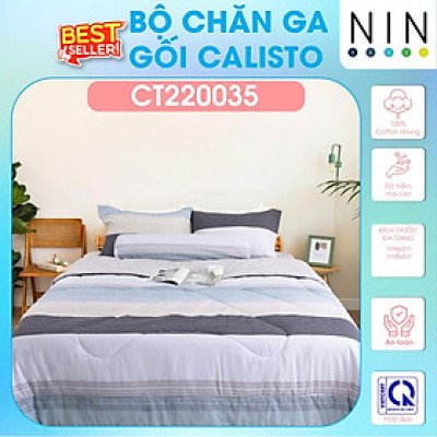 NEW ARRIVAL Bộ 5 món drap cotton, áo gối, mền chần NIN Calisto CT220035 1m6, 1m8 bọc nệm bo chun, cao cấp