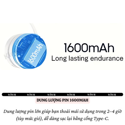 Quạt đeo cổ turbo siêu mát không cánh Pin 1600 mAh hiệu WIWU Twins Wi-FS014 -hạn chế tiếng ồn, siêu nhẹ, đeo êm, công thái học, tích điện sạc, mini cầm tay - hàng nhập khẩu