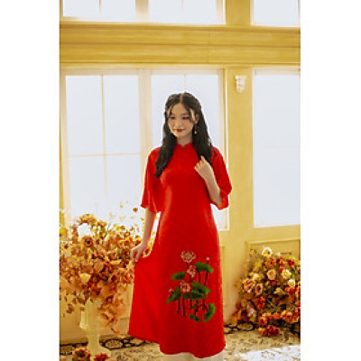 Áo dài suông đỏ kết hoa sen ( size M )