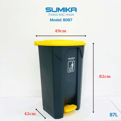 Thùng rác nhựa đạp chân SUMIKA B087, dung tích 87L, thùng màu xám, nắp vàng