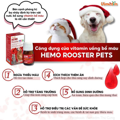 Vemedim Hemo Rooster Pets Bổ Máu, Tăng cơ, Bền sức, Nhanh Hồi phục cho Chó mèo - Hộp 50 viên