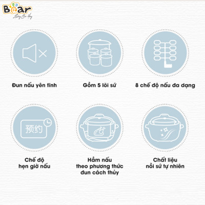 [Hàng Chính Hãng] Nồi nấu chậm Bear SUBE003 2.5 Lít (có lồng hấp) với 8 chức năng và ruột nồi bằng sứ cao cấp. Thích hợp cho bé ăn dặm, người có tuổi, người ốm dậy, người ăn kiêng, chơi thể thao.