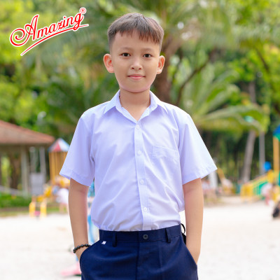Áo sơ mi nam màu trắng, tay ngắn, đồng phục học sinh các cấp, size từ 20-95kg, form suông, vạt bầu, thương hiệu Amazing