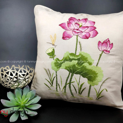 Tựa Lưng Thêu Tay Hoa Sen