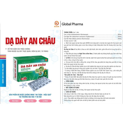 Dạ dày Dược Phẩm An Châu hỗ trợ giảm các triệu chứng viêm dạ dày, trào ngược dạ dày thực quản, tá tràng 30 viên - AC003