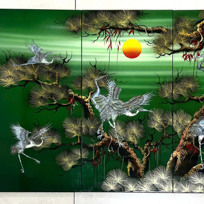 Bộ Tranh sơn mài 4 tấm- TÙNG HẠC DIÊN NIÊN - Khảm cừ size 60x120 cm / hàng cao cấp , xuất khẩu