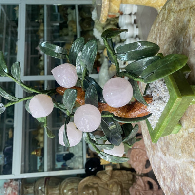 Cây Đào 6 Quả Phong Thuỷ Tài Lộc Đá Thạch Anh Hồng - cao 30cm