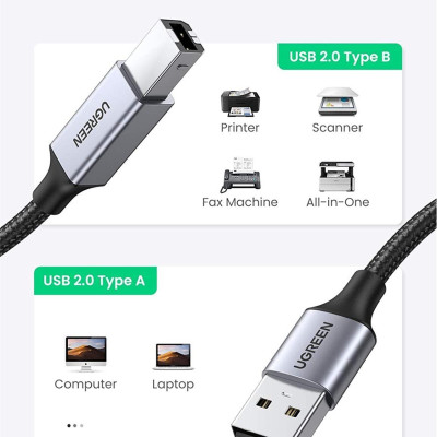 Ugreen UG80801US369TK 1M đầu nhôm dây bọc lưới chống nhiễu cáp máy in màu Đen 2.0 USB A sang B - HÀNG CHÍNH HÃNG