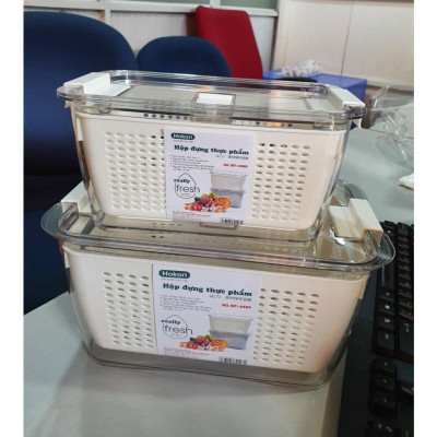 Hộp Nhựa Đựng Thực Phẩm 2 lớp để Tủ Lạnh Có Lỗ Thoát Nước Khóa Thoát Khí Dễ Dàng Bảo Quản Rau Củ