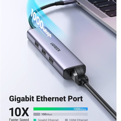 Hub chia USB Type-C ra 3 cổng USB 3.0 Type-A kèm Lan Gigabit vỏ nhôm Ugreen 60600 - Hàng chính hãng
