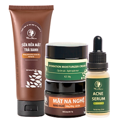 Bộ trắng da, sạch mụn toàn diện Wonmom (Sữa rửa mặt + Kem cấp ẩm + Serum mụn + Mặt nạ nghệ)