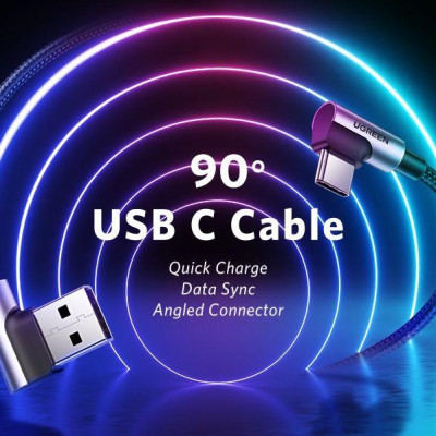 Ugreen UG70875US176TK 3M màu Đen 3A Cáp sạc , truyền dữ liệu USB 2.0 sang USB-C vuông góc 90 độ dây dù - HÀNG CHÍNH HÃNG