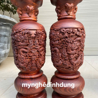 Cặp lộc bình phong thủy hút tài lộc bằng gỗ trắc cao 40x14cm 