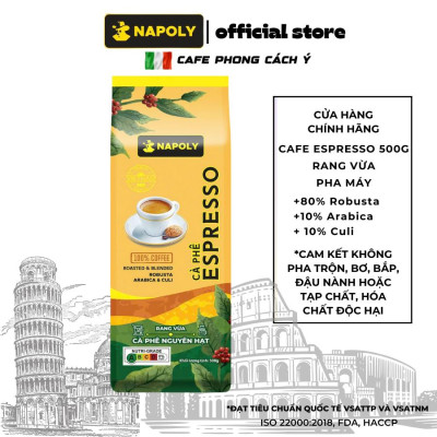 Cà Phê Hạt ESPRESSO Napoly Coffee Robusta & Arabica Nguyên Chất Rang Mộc Thơm Nồng Cho PHA MÁY, PHA PHIN - Túi 500gr