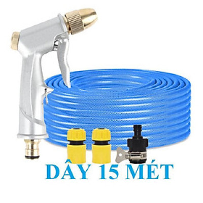 ️ Bộ dây vòi xịt nước rửa xe, tưới cây , tăng áp 3 lần, loại 15m 206701-1 đầu đồng, cút, nối đen