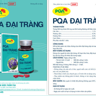 PQA Đại Tràng lọ 100 viên nang là dược phẩm thảo dược dùng cho người bị viêm đại tràng hỗ trợ hạn chế các triệu chứng của viêm đại tràng cấp và mạn tính, rối loạn tiêu hóa.