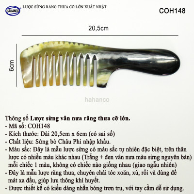 Lược Sừng răng thưa chải tóc xoăn/ xù rối (Size: XL - 20cm) COH148 - Giúp thư giãn Massage đầu, lưu thông máu - Chăm sóc tóc