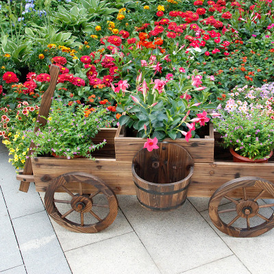 Kệ gỗ để chậu hoa cây cảnh trang trí nhà cửa sân vườn có bánh xe di chuyển tiện lợi kiểu dáng vintage cổ điển màu sắc tự nhiên, thân thiện với môi trường