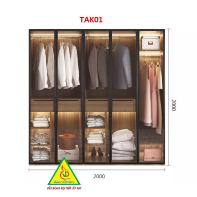 Tủ quần áo gỗ MDF cánh kính cường lực khung nhôm TAK03 - Nội thất lắp ráp Viendong Adv