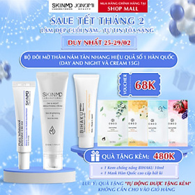 Combo mờ nám chuyên sâu SKINMD DAY & NIGHT BRIGHTENING CREAM 50g và SKINMD PURE WHITENOL INTENSIVE CREAM 15g giúp dưỡng trắng da, mờ đốm sắc tố