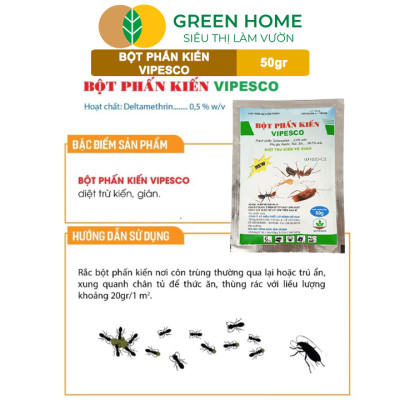 Bột Phấn Kiến Vipesco, GreenHome, Gói 50gr, Hiệu Quả Cao, Dễ Sử Dụng, Diệt Trừ Kiến, Gián