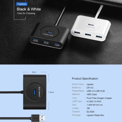 Ugreen UG20282CR113TK 50CM màu Trắng Bộ chia HUB USB 3.0 sang 4 USB 3.0 hỗ trợ nguồn 5V - HÀNG CHÍNH HÃNG