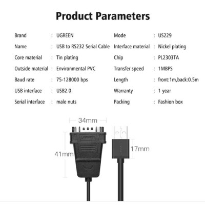 Ugreen UG30769US229TK 1.5M màu Đen Cáp chuyển đổi USB 2.0 sang 2 đầu COM cao cấp - HÀNG CHÍNH HÃNG