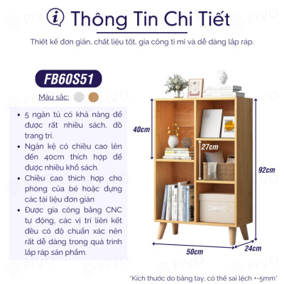Tủ Kệ Sách Gỗ Đẹp Hiện Đại Đa Tầng FIVO Mã FB60 Nội Thất Lắp Ráp Đơn Giản, Chất Liệu Gỗ MDF Phủ Melamine Chống Thấm Bề Mặt Cực Tốt Hàng Cao Cấp, Có Kèm Tấm Lưng (Kích Thước 50x24x92cm)