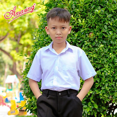 Áo sơ mi nam màu trắng, tay ngắn, đồng phục học sinh các cấp, size từ 20-95kg, form suông, vạt bầu, thương hiệu Amazing