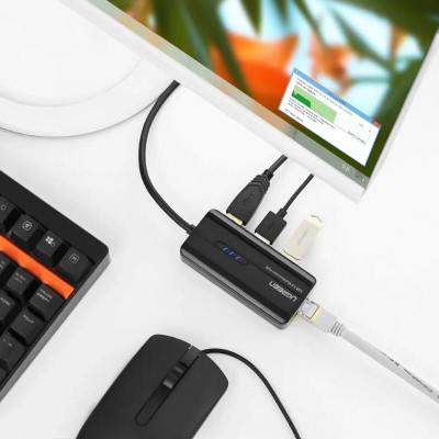 Ugreen UG2026520265TK 28CM màu Đen HUB chuyển đổi USB 3.0 Sang 3 USB 3.0 + LAN cao cấp hỗ trợ tốc độ 1 Gbps - HÀNG CHÍNH HÃNG
