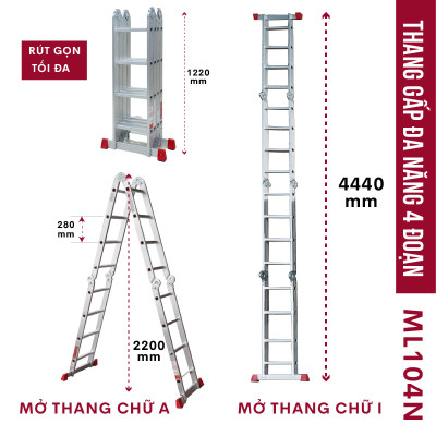 Thang nhôm gấp 4 đoạn đa năng FUJIHOME ML104N, cao chữ A 2.2m - chữ I 4,4 mét ,14 tư thế sử dụng , chốt khóa tự động, chân chống trơn trượt- Hàng chính hãng