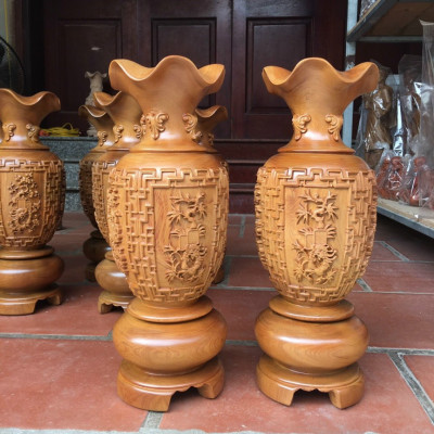 Cặp lục bình trạm khắc tứ quý ,phong thủy hút tài lộc .bằng gỗ bách xanh kt cao 50×14,5cm