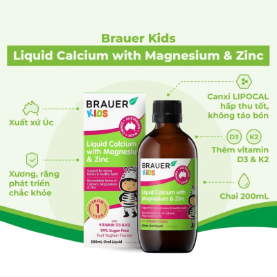 Siro Brauer Kids Liquid Calcium with Magnesium and Zinc nhập khẩu từ ÚC - Bổ sung Vitamin Canxi, Magie và Kẽm cho trẻ từ 1 tuổi (200ml)