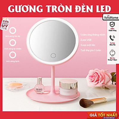 Gương Trang Điểm Để Bàn Có Đèn LED Cao Cấp Bằng Nhựa Hình Tròn Trắng Hồng Pin Bền Sạc Nhanh Tặng Cáp Sạc Giao Màu Ngẫu Nhiên