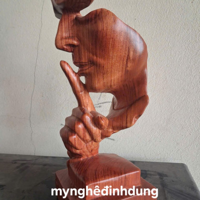 Tượng im lặng là vàng bằng gỗ hương đá  đẹp long lanh cao 34x11x12cm