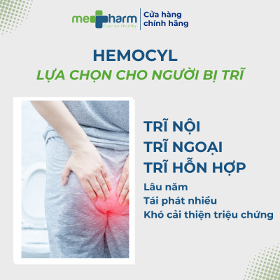 Hemocyl-TPBVSK: Giải pháp đột phá trong quản lý bệnh trĩ mà không cần phẫu thuật-Hỗ trợ cải thiện triệu chứng: đau rát, ngứa, chảy máu khi đi ngoài do trĩ. Ức chế sự phát triển vi sinh vật giúp hỗ trợ cải thiện nguy cơ nhiễm trùng thứ phát tại búi trĩ.