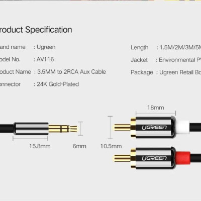 Ugreen UG20779AV116TK 0.5M màu Đen Cáp âm thanh 2 đầu Bông sen sang 3.5mm Dương mạ vàng - HÀNG CHÍNH HÃNG