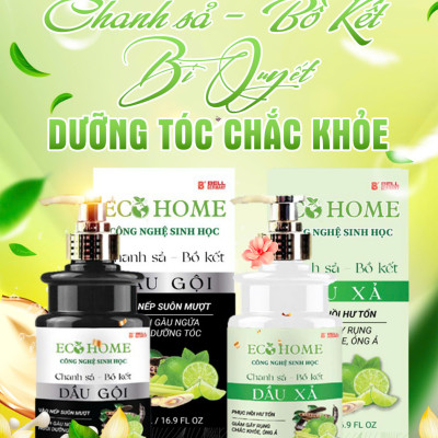 (Tặng nước rửa tay) Combo Cặp Dầu Gội Xả Chanh Sả Bồ Kết ECOHOME Kim Ngân Công Nghệ Sinh Học 500ml