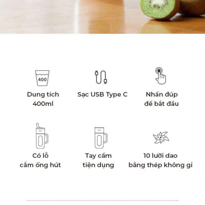 Máy xay sinh tố Ankale di động cầm tay xay được đá thế hệ mới dung tích 400ml 10 lưỡi cắt thép không rỉ động cơ 80W, hàng chính hãng