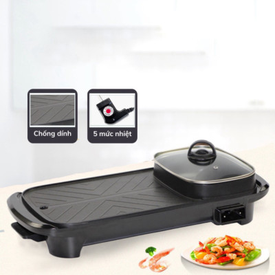 Bếp lẩu nướng 2in1 đa năng cao cấp dài, nồi lẩu kiêm nướng công suất 1300w, bề mặt tráng men chống dính - Hàng chính hãng