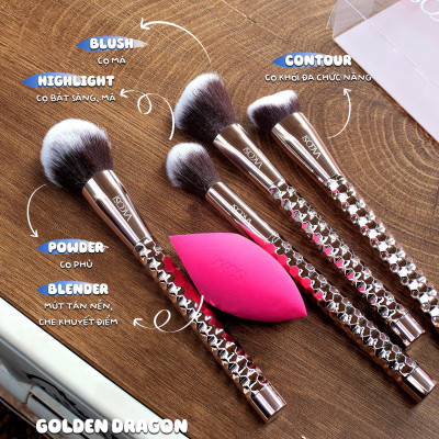 SC05 - BỘ KIT 4 CỌ VÀ 1 BÔNG PHẤN VACOSI, PHIÊN BẢN GOLDEN DRAGON - FURY THE FLAWLESS FACE BRUSH KIT, 5PCS