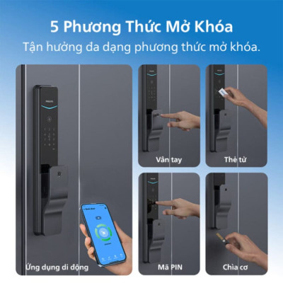 Bộ khóa cửa thông minh Gateway điều khiển từ xa, vân tay, thẻ từ, mật khẩu và chìa cơ, tích hợp kèm chuông cửa Philips DDL801-5HBS - Hàng chính hãng