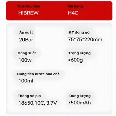 Máy pha cà phê cầm tay chuyên nghiệp Espresso 3 trong 1, dùng pin có thể pha cả nóng và lạnh thương hiệu Mỹ cao cấp HiBREW H4C - Hàng Nhập Khẩu