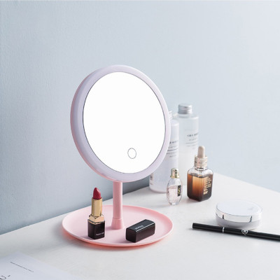 Gương Trang Điểm Để Bàn Có Đèn LED Cao Cấp Bằng Nhựa Hình Tròn Trắng Hồng Pin Bền Sạc Nhanh Tặng Cáp Sạc Giao Màu Ngẫu Nhiên
