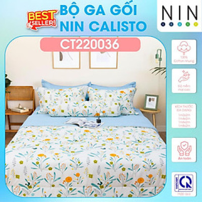 NEW 2024 Bộ 3,4 món drap cotton, áo gối NIN Calisto CT220036 1m2, 1m4, 1m6, 1m8 bọc nệm bo chun, cao cấp