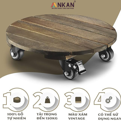 Đế Lót Chậu Cây Có Bánh Xe Cao Cấp ANKAN, Tròn Màu Xám Đen R35cm, Tải trọng 150 Kg, Di Chuyển Chậu Cây Êm Ái, Không Ồn