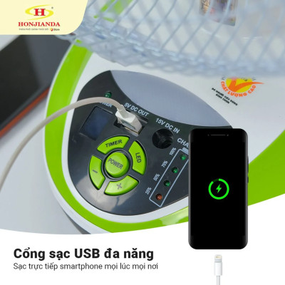 Quạt Tích Điện AC&DC Honjianda HJD-FL316 Có Đèn LED - Hàng Chính Hãng